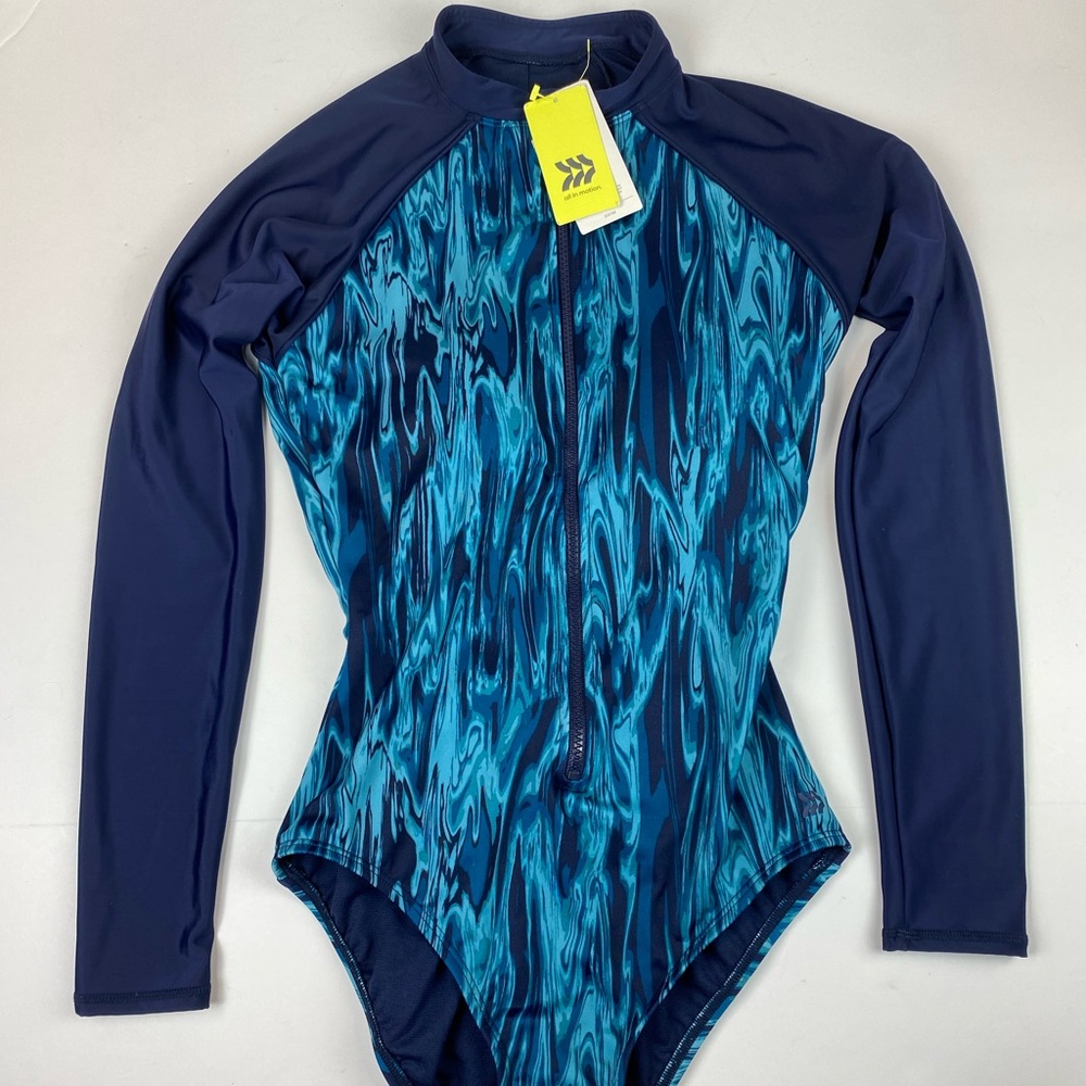 All In Motion Blue Zip Long Sleeve Swimsuit